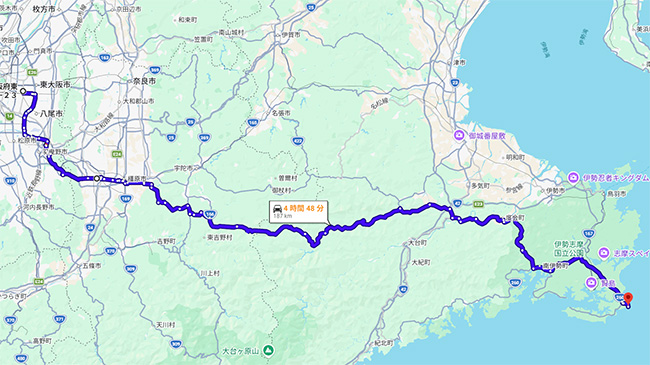 大王崎灯台までの一般道メインのドライブルート地図